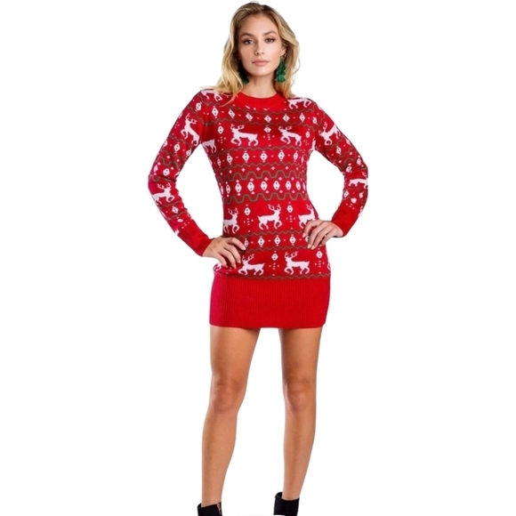 Tipsy Elves Reindeer Holiday Sweater Mini Dress Size Small - Picture 1 of 3
